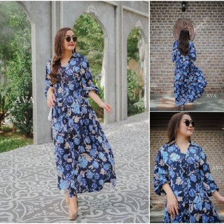 Maxi Dress Graphic Floral Print Modern.ชุดแม็กซี่เดรส เนื้อผ้าปริ้นท์ลายดอกไม้ แต่งเชือกร้อยด้านหน้าเก๋ๆค่ะ