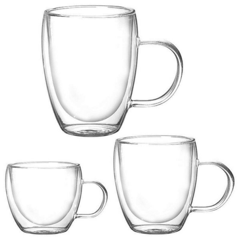 ถ้วยกาแฟแก้ว 2 ชั้น พร้อมหูจับ Double Walled Glass Coffee Cups Shopee