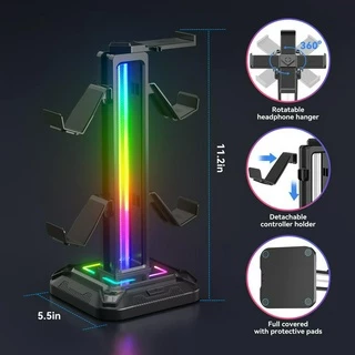 ขาตั้งชุดหูฟัง RGB 9 โหมดแสงผู้ถือคอนโทรลเลอร์สําหรับโต๊ะที่ถอดออกได้ตะขอควบคุมสําหรับหูฟัง