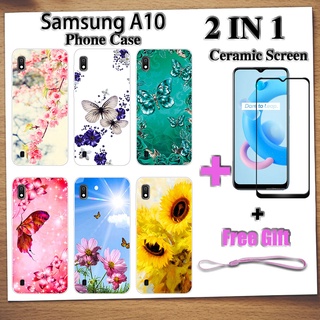 2 IN 1 เคสโทรศัพท์ Samsung A10 พร้อมกระจกนิรภัยกันรอยเซรามิก หน้าจอโค้ง ฟิล์มนิรภัย ผีเสื้อ