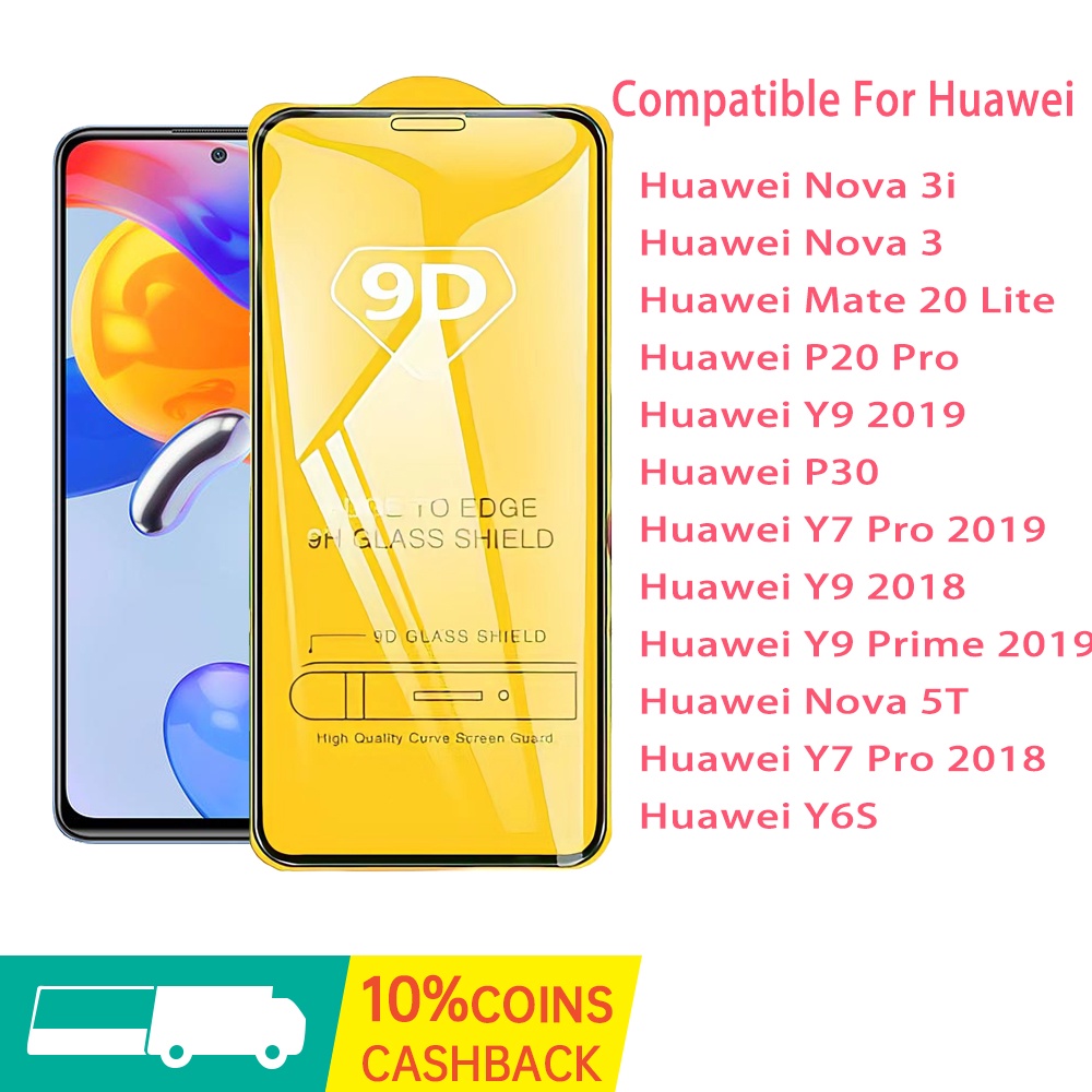 9D แบบเต็มจอ ป้องกันหน้าจอ ฟิล์ม Huawei P30 P20 Pro Y7 Pro 2018 Y9 Prime 2019 Y6S Mate 20 Lite Nova 3i Nova 5 ฟิล์มกระ