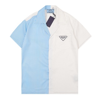 เสื้อเชิ้ตแขนสั้น พิมพ์ลายโลโก้ Prada 22SS สีฟ้า สําหรับผู้ชาย
