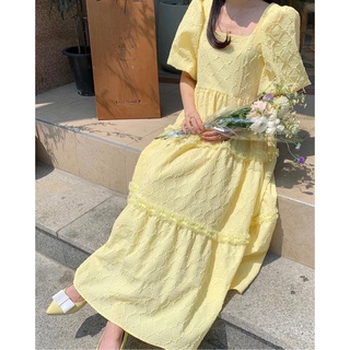 CHAWY พร้อมส่ง 🥜🍿🍯 Honey yellow dress C3547 เดรสยาวแขนตุ๊กตา เดรสยาวเที่ยวทะเล เดรสยาวมินิมอล