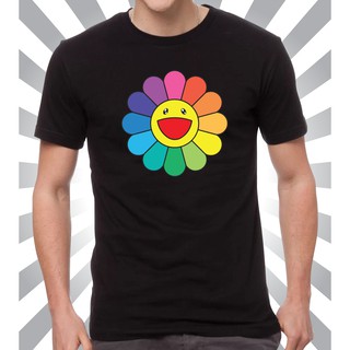 เสื้อยืดผู้ชาย ลายดอกไม้ มุราคามิ ดอกไม้สีรุ้ง Murakami Flower Rainbow เสื้อยืดแฟชั่น เสื้อยืดคอกลมแขนสั้น สีดำ