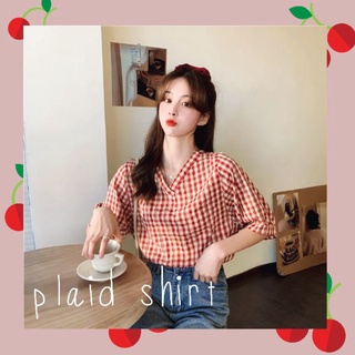 พร้อมส่ง Plaid shirt เสื้อเชิ้ตคอวีลายสก็อต🍓🍫