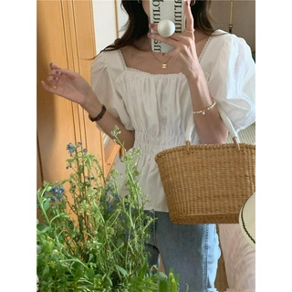 51580 เสื้อเชิ้ตแขนสั้น คอสี่เหลี่ยม เข้ารูป แต่งลูกไม้ เก็บเอว รัดรูป