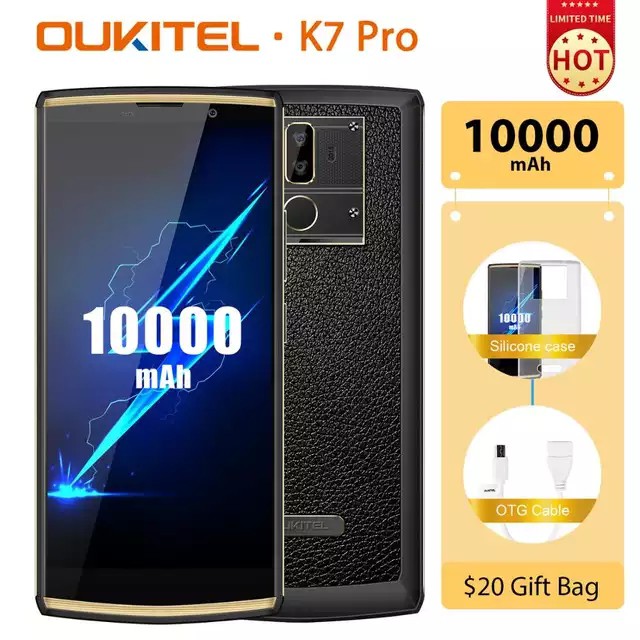 OUKITEL K7 Pro 4G กันน้ำ สมาร์ทโฟน จอ 6.0นิ้ว 4GB แรม 64GB รอม แบตอึด10000mAh แอมป์ Android 9.0 Octa Core Face ID