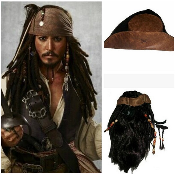 ในสต ็ อก Pirates of the Caribbean Captain Jack Sparrow คอสเพลย ์ หมวกวิกผมสีน ้ ําตาล Beard Prop