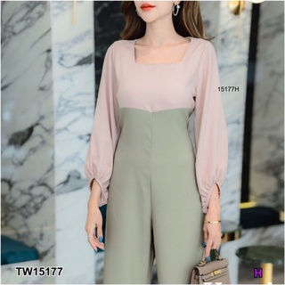 ME15177 Jumpsuit จั้มสูทขายาว คอยู ทรงแขนพองยาว สม้อคปลายแขน ดีไซน์เก๋ๆ แต่งผ้าสลับสี งานผ้าซาร่า ใส่สวยตัวเดียวจบ พร้อม