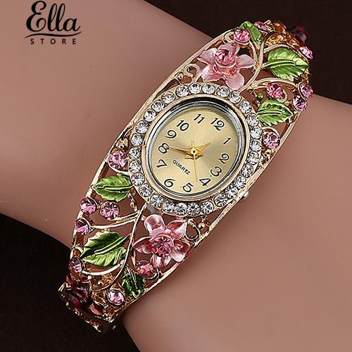 ellasstore กำไลข้อมือนาฬิกา ลายดอกไม้ ประดับคริสตัล สําหรับผู้หญิง