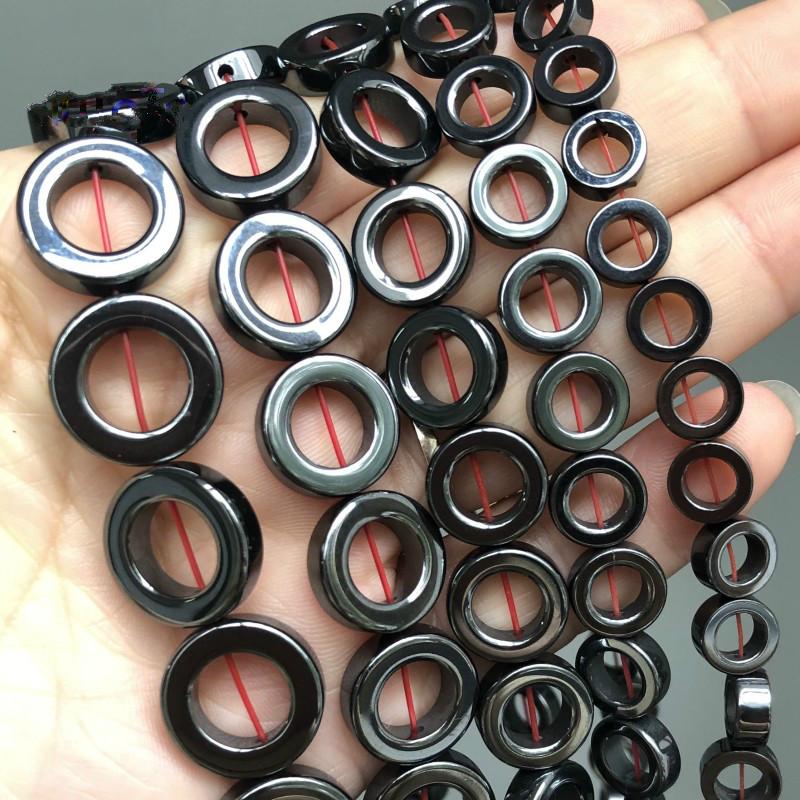 ธรรมชาติสีดํา Hematite รอบหินลูกปัด Hollow Out ลูกปัดสําหรับ DIY เครื่องประดับทําสร้อยข้อมือ 15