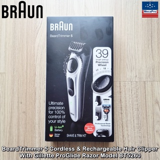 Braun® BeardTrimmer 5 Cordless &amp; Rechargeable Hair Clipper With Gillette ProGlide Razor Model BT5260 เครื่องโกนหนวด