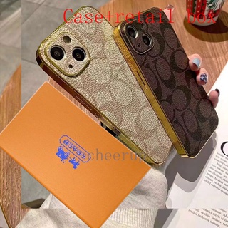 เคสโทรศัพท์มือถือหนัง ลาย Coach มีลายด้านข้าง สีทอง พร้อมกล่อง สําหรับ Iphone 14 13 12 Pro Max 11 Pro Max Xr Xs X