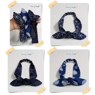 ผ้าคาดผมโบ โบว์คาดผม ผ้าฝ้าย สาลูชั้นเดียวกัดลาย ที่คาดผม แฮนด์เมด Indigo cotton Hairband