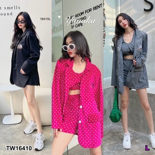 MF16410  เซต 3 ชิ้น เสื้อสูทมีฟองน้ำเสริมไหล่ กระเป๋าหน้าหลอก งานปักหน้าอก มาพร้อมเสื้อบรายางยืดฟรีไซส์ กางเกงขาสั้นทรงเ