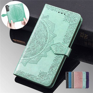 กระเป๋าสตางค์หนังมันดาลาเคสโทรศัพท์สำหรับ ซัมซุงกาแล็กซี Samsung Galaxy S 21 S21 S21+ Plus Ultra S21Plus S21Ultra ยืนเคสสีทึบพร้อมสายรัดข้อมือ