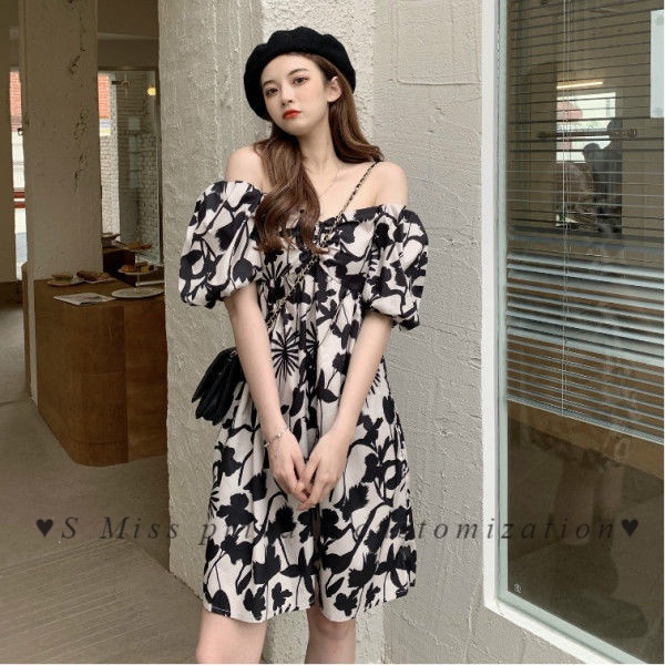 ♥S Miss♥【Pre-sale】Summer new skirt 2022 ins slimming one-shoulder sexy puff sleeves floral dress