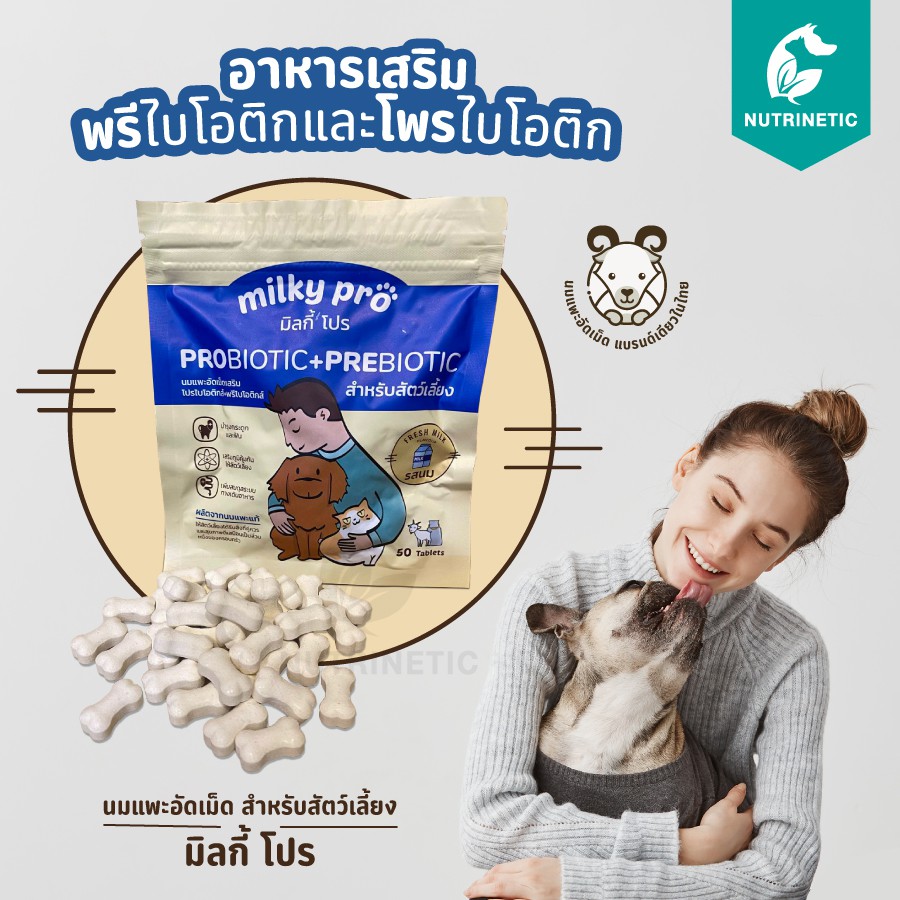 Milky Pro ขนมหมาแมว มีโพรไบโอติกในรูปแบบนมแพะอัดเม็ด ช่วยปรับสมดุลระบบทางเดินอาหาร
