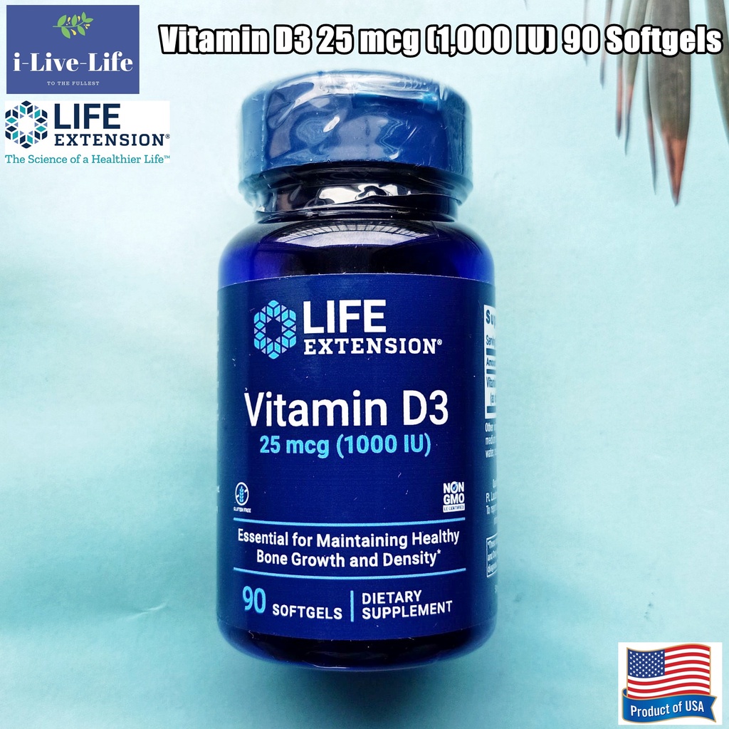วิตามินดี3 Vitamin D3, 25 mcg (1,000 IU) 90 Softgels (Life Extension)