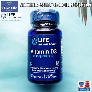 วิตามินดี3 Vitamin D3, 25 mcg (1,000 IU) 90 Softgels (Life Extension)