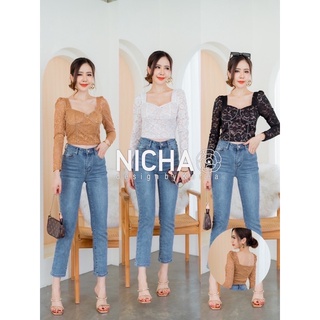 NICHA online 🛒🍒ครอปผ้าลูกไม้ แขนยาว แต่งเพชร เสริมฟองน้ำมีซับใน 🎀🌈🍒