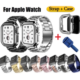 สาย applewatch + เคส applewatchwatch Series 1/2/3/4/5/6/7/8, se, se2, สายนาฬิกา สเตนเลส โลหะ ขนาด ,41 มม. 45 มม. 38 มม. 40 มม. 42 มม. 44 มม. เหล็กกล้าไร้สนิม สายนาฬิกา Stainless Steel Metal Replacement Strap