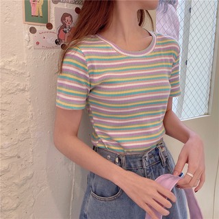 พร้อมส่ง 🌈 pastel ribbon crop C1871 เสื้อท็อปเรนโบว์ เสื้อท็อปเรนโบว์ลายทาง