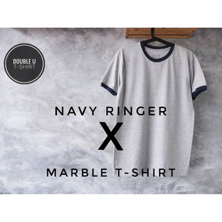 ออกใบกำกับภาษีได้ - RINGER MARBLE-NAYY  เสื้อยืดซักไม่ต้องรีด สีเทากุ้นแขนสีกรม - DOUBLE U T-SHIRT **ไม่มีการเย็บตะเข็บข้างตัวเสื้อ**