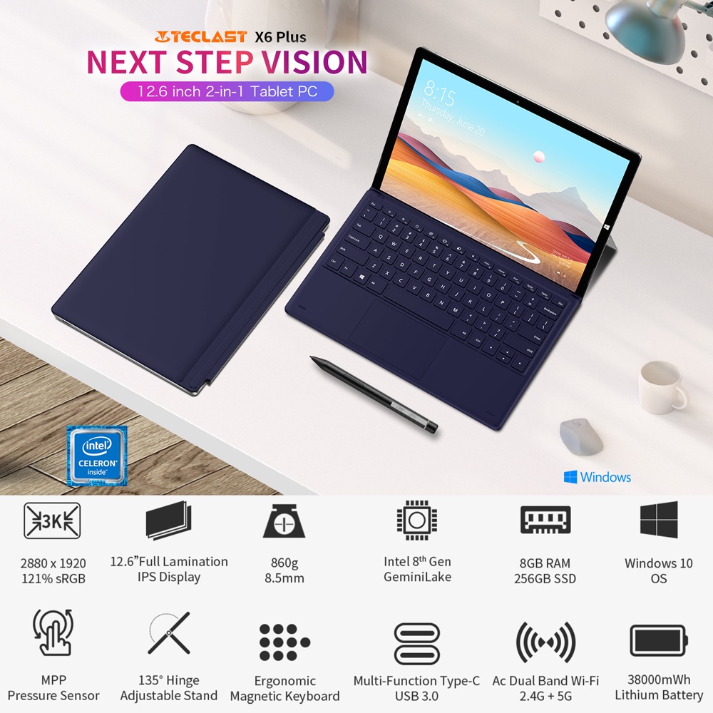 ☃☎♗Teclast X6 Plus Tablet Notbook 2 in 1 Windows 10 Touch Screen Intel  Gemini 8GB RAM 256GB SSD 12.6 Inch 2880*1920 FHD | Shopee Thailand