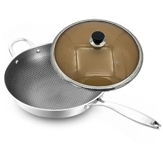 PINFU_SHOP กระทะทรงลึก กระทะทอดสแตนเลส กระทะ Non Stick มีด้ามจับ32cm (มีฝา)