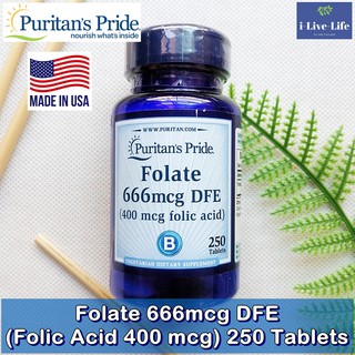 กรดโฟลิก Folate 666mcg DFE (Folic Acid 400 mcg) 250 Tablets - Puritans Pride