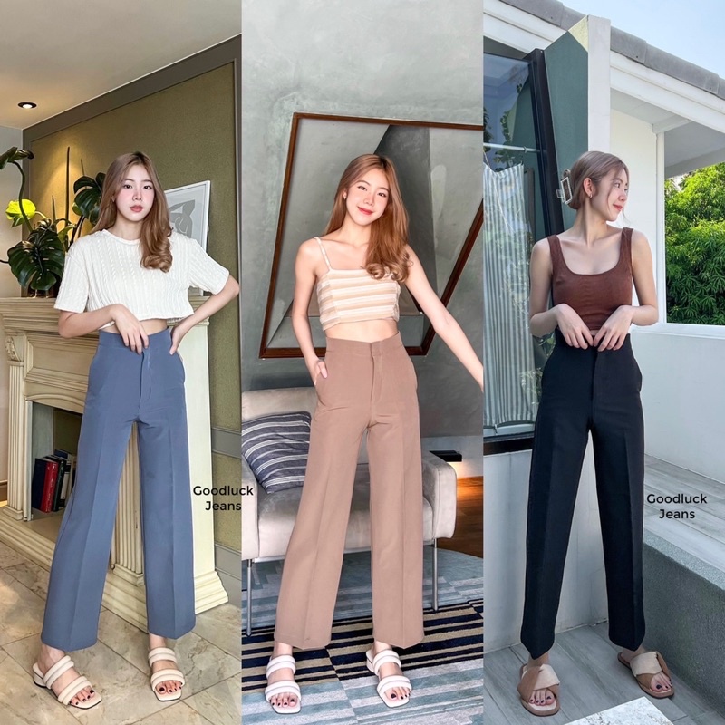กางเกงทรงกระบอกสไตล์มินิมอล 𝐀𝐯𝐚 𝐏𝐚𝐧𝐭𝐬 กางเกงเอวสูง กางเกงสไตล์วินเทจ