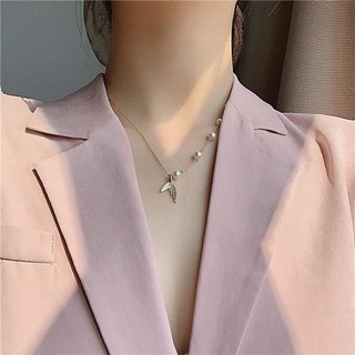 Fashion necklace สร้อยคอเงินแท้925 (พร้อมกล่อง) สร้อยคอ สร้อยคอผู้หญิง สร้อยคอรูปคลีบมีไข่มุก5ลูก