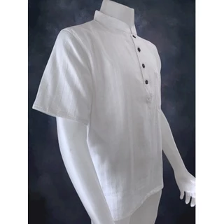 เสื้อผ้าฝ้าย ผ้าพื้นเมือง (Dobby) คอจีน กระดุมกะลา 4 เม็ด สีขาว แขนสั้น