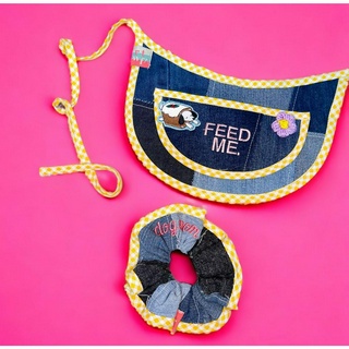 -Yellow สีเหลือง- Denim Bib &amp; Scrunchie ผ้าพันคอสัตว์เลี้ยง&amp;ที่มัดผมเจ้าของ (ขายแยกชิ้น)