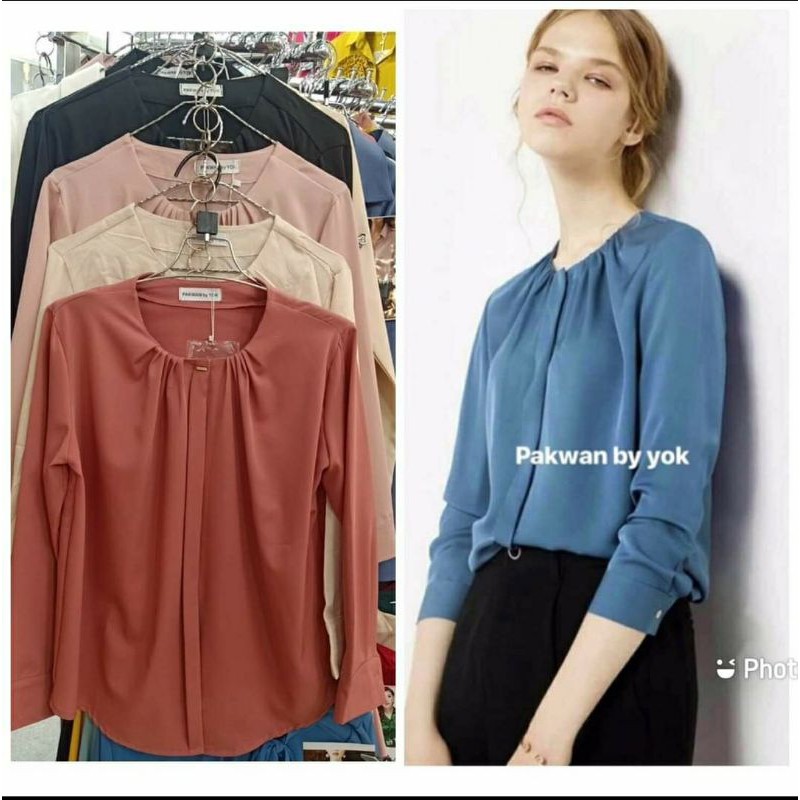 เสื้อเชิ้ต คอกลม แขนยาว ผ่าหน้า กระดุมซ่อน ใช้งานได้จริง คอแต่งจับจีบ แต่งก้านทองที่กระดุมบน อก38ยาว23 งานป้ายpakwan