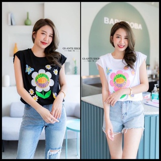 🔥พร้อมจัดส่ง🔥ป้าย GI-ANTS เสื้อยืดแขนกุดสกรีนลายดอกไม้เนื้อผ้า COTTON100%