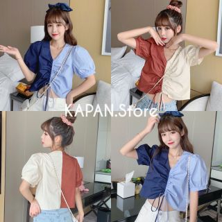 KAPAN 🌸พร้อมส่ง🌸 Crop top เสื้อครอป คอวี รูดกลาง สีทูโทน มี2สี ฟ้า, ครีม เสื้อน่ารัก KP21