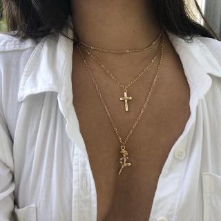 Bohemian Multilayer Rose Cross Pendant Necklace for Women Vintage Gold Color Flower Charms Choker Necklace Statement Jewelry