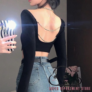 Women´s Crop Tops Chain Halter Shoulder Cutout Long Sleeve Irregular Hem Slim Fit Short Tops