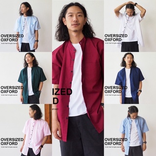 (ใส่โค้ด DETNOV30 เหลือ 283.-) Oversized Oxford เสื้อเชิ้ต คอจีน แขนสั้น ทรงโอเวอร์ไซส์