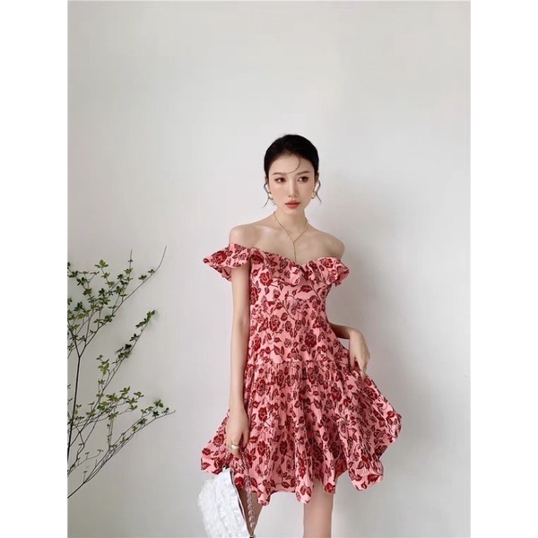 🌹สวยไฮโซ🌹 เดรสอัดพลีทระบายทั้งตัว ผ้าสวยลายกุหลาบแดง #yn812 ❤️✨