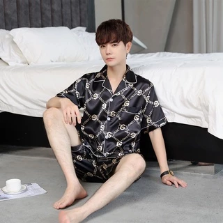 🤑พร้อมส่ง🤑1011 ชุดนอนผู้ชาย เเขนสั้นขาสั้น ผ้าซาตินสุดหรู คอปก pajamas men เซ็ทเสื้อ สวมใส่สบาย ผ้าเย็น ผ้านิ่มไม่เเข็ง