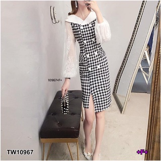 👗Pfashion [ส่งไว!!🚛] P10967 เดรสลายสก็อตแขนลูกไม้ Plaid dress with lace sleeves