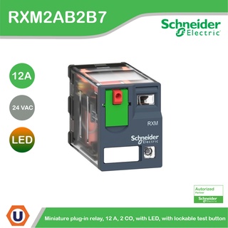 Schneider Electric Harmony, Miniature plug-in relay, 12 A, 2 CO, with LED, with lockable test button, 24 VAC - RXM2AB2B7