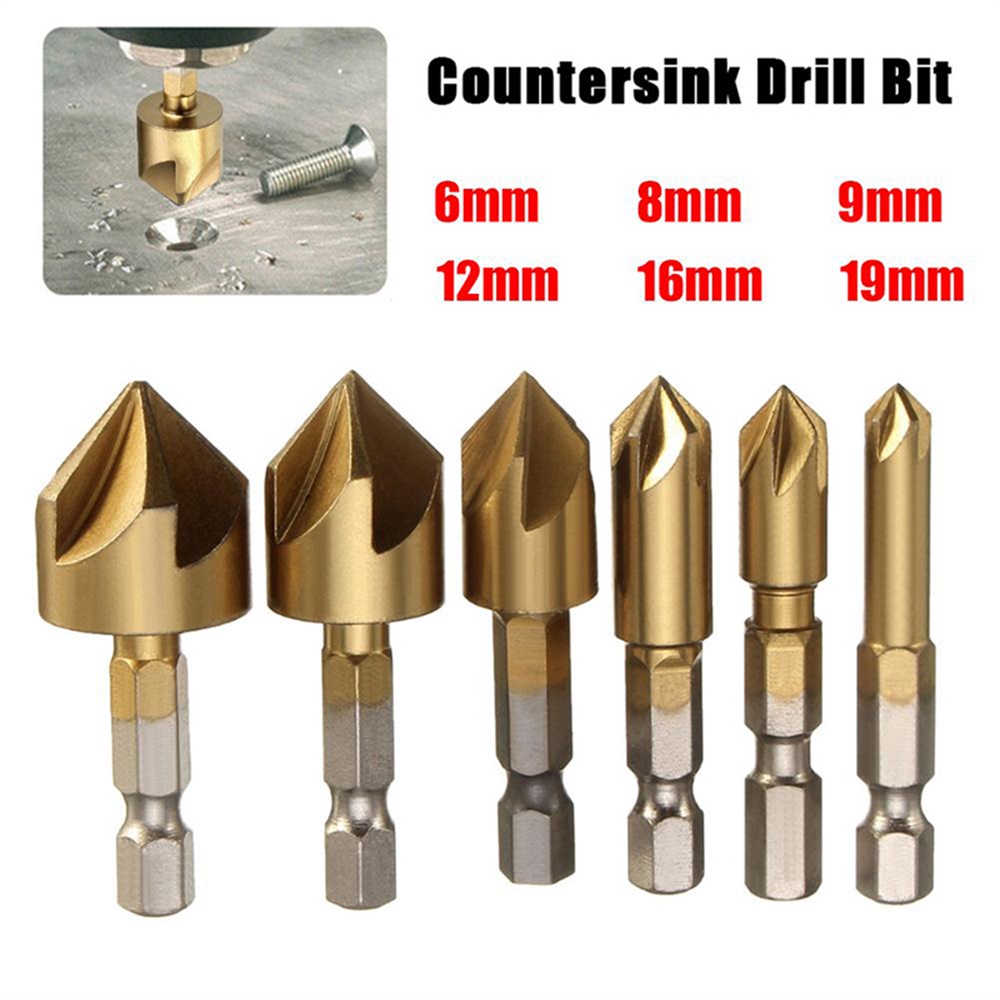 6 Pcs Drill Bit Set 1/4'' Hex Shank HSS 5 Flute Countersink 90 Degree