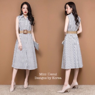 MN609🌹Sleeveless Stripe Dress เดรสแขนกุดคอปกกระดุมหน้า