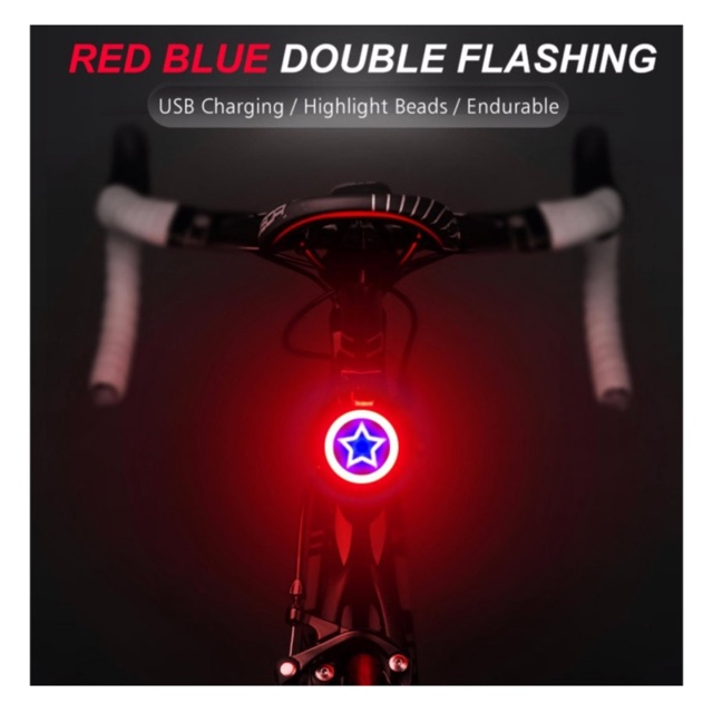 ไฟท้ายจักรยาน LED แบบชาร์จไฟ USB ไฟสว่างจ้า รูปดาว 2 สี