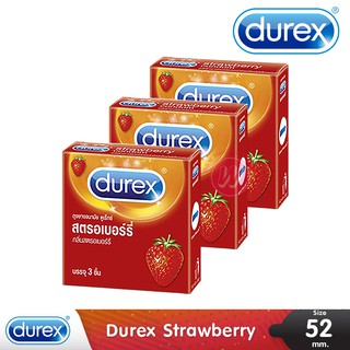 ถุงยางอนามัย Durex strawberry ดูเร็กซ์ สตรอเบอร์รี่ ขนาด 52.5 ถุงยางผิวเรียบ ถุงยางอนามัยดูเร็กซ์