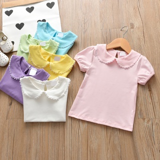 Summer Girl Lapel Short Sleeve Shirt Kids Baby Round Neck Cotton Candy Color Top